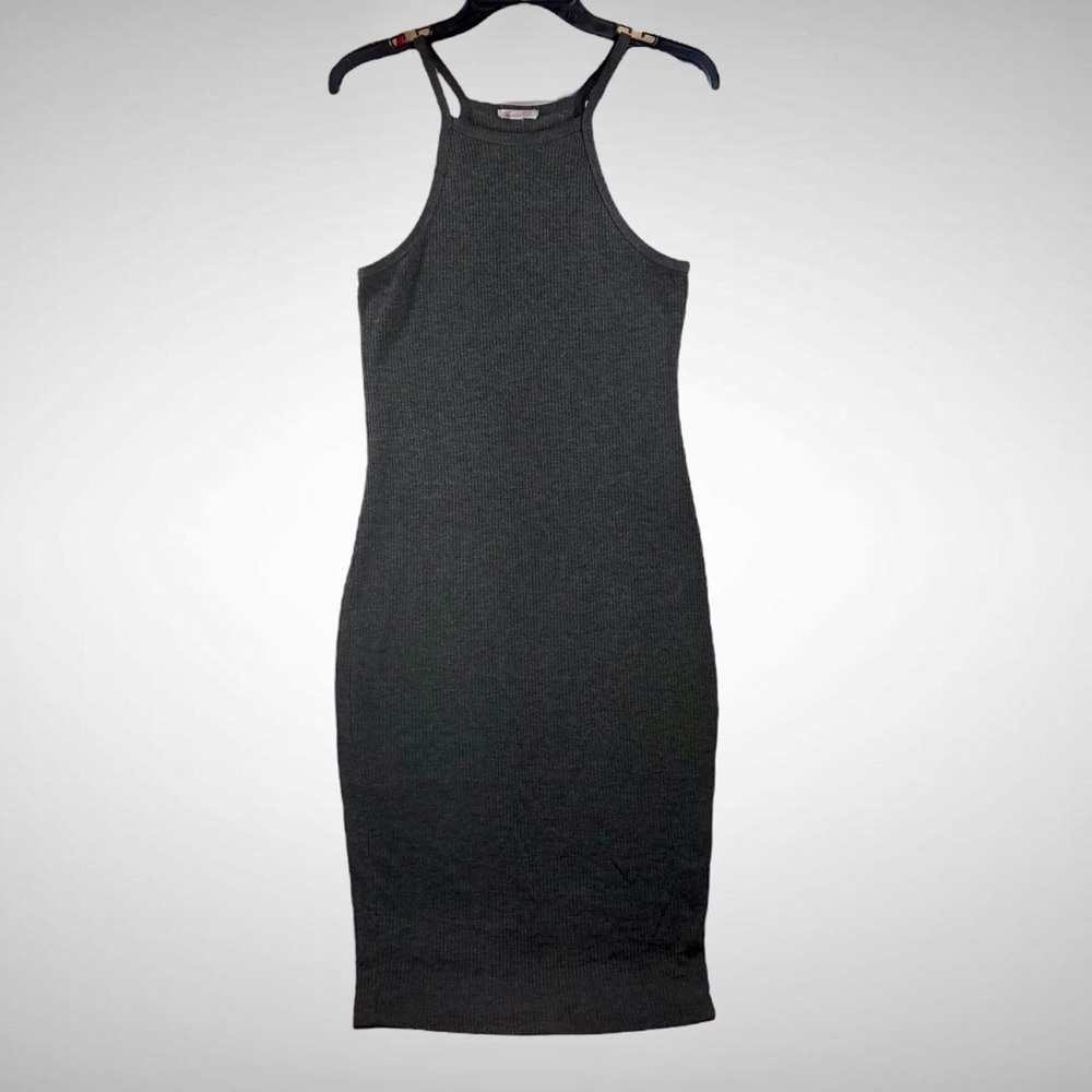Agaci Charcoal Stretchy Ribbed Halter Dress Sz L